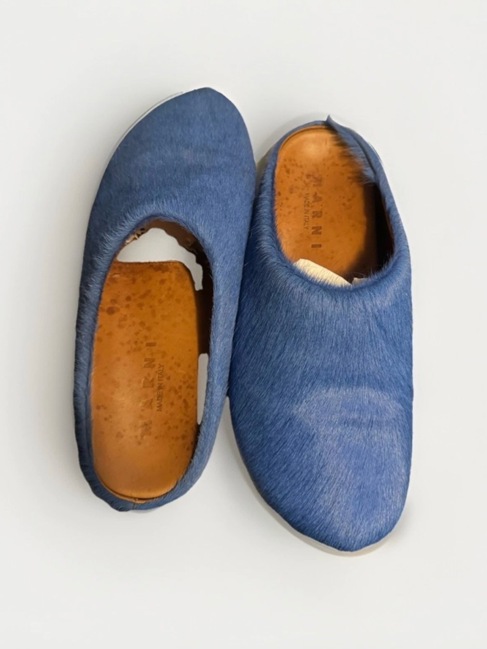 Marni Blue Fussbett Sabot Calf Long Hair Slip-On Slides Mules